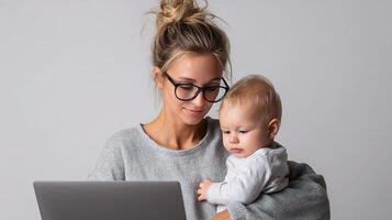 A woman with glasses holding a baby while using a laptop photo
