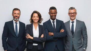 Five business people standing together in front of a white background photo