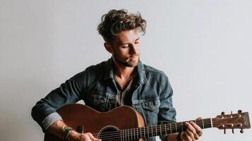 A man with a guitar is playing it photo