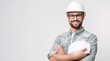 A man in a hard hat and glasses holding a white helmet photo