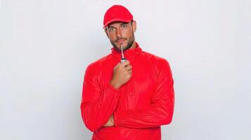 A man in a red jacket and hat is holding a cigarette photo