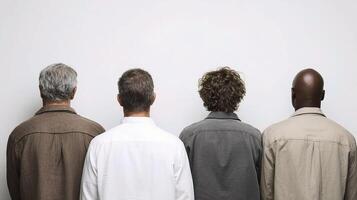 A group of men standing in front of a white wall photo