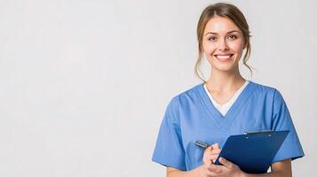 A smiling nurse holding a clipboard photo