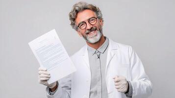 A man in a lab coat holding a piece of paper photo