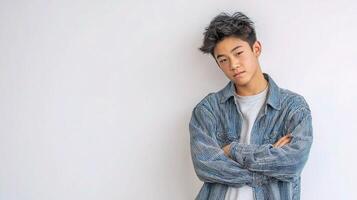 Asian young man in denim jacket standing against white wall photo