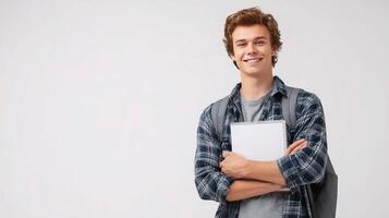 A smiling young man holding a notebook photo