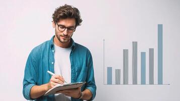 Man writing on clipboard with bar chart on white background photo