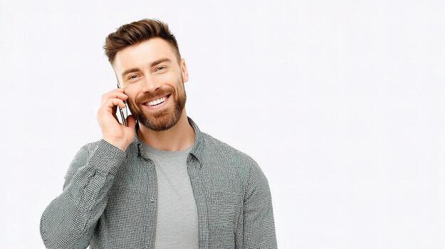 A man with a beard and a smile on his face is talking on his cell phone photo
