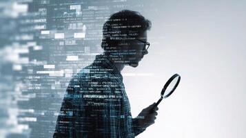 Man looking at digital data with magnifying glass photo