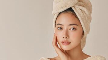A woman in a towel with her hands on her face photo