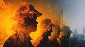 Firefighters in silhouette with smoke coming out of their heads photo