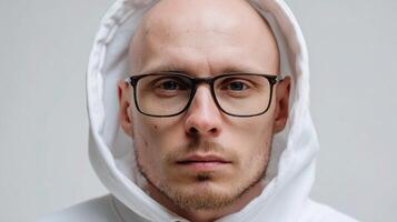 A bald man with glasses and a white hoodie photo