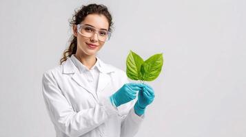 A woman in a lab coat holding a green leaf photo
