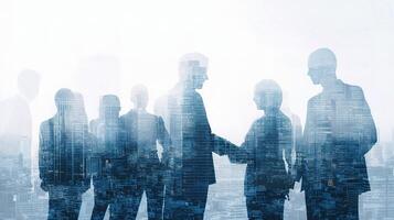 Business people shaking hands in front of city skyline photo