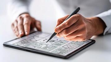 A man using a tablet to draw a diagram photo