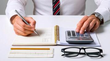 A man is writing on a calculator with glasses and a pen photo