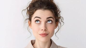 A woman with a serious expression looking up photo