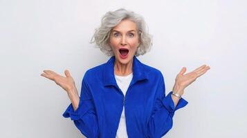 An older woman with her hands open and a surprised expression photo