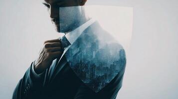 A man in a suit and tie is holding a shield photo