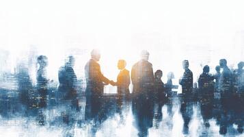 Business people shaking hands in front of a city skyline photo