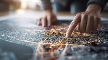 A person is pointing at a map on a table photo