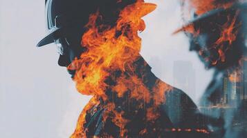 Two men in suits with fire on their faces photo