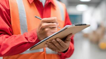 A man in an orange vest writing on a clipboard photo