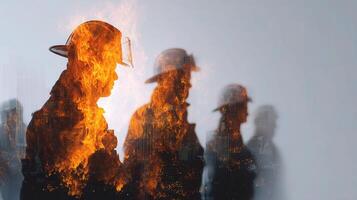 Firefighters standing in front of a burning building photo
