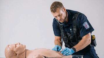 A man in blue uniform is working on a dummy photo