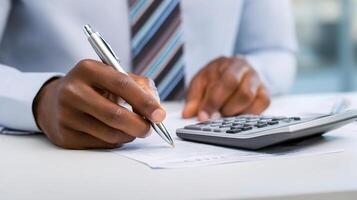 A man in a business suit is writing on a piece of paper with a pen and calculator photo