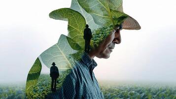 A man in a hat and a green leaf on his head photo