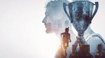 Double exposure of a man with a trophy in front of a city photo
