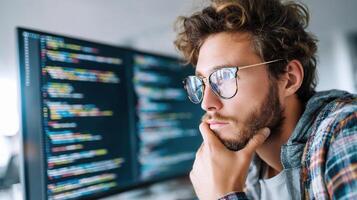 A man in glasses looking at a computer screen photo