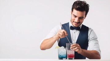 A man in a vest and bow tie is making a cocktail photo
