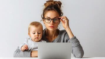 A woman with glasses and a baby sitting at a desk with a laptop photo