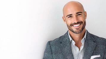 A bald man in a suit smiling photo