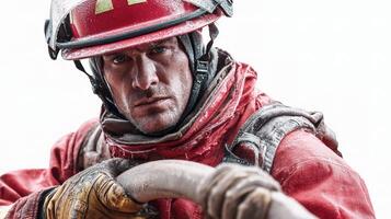 A firefighter in red and black holding a hose photo