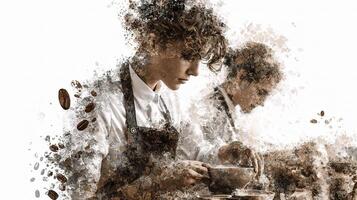 Two women in aprons are making coffee photo