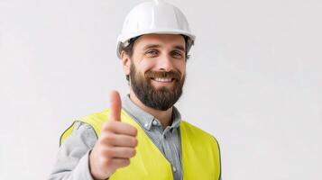 A man in a hard hat and vest is giving the thumbs up photo