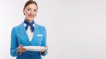 A woman in a blue uniform holding a plate photo