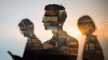 Two people are silhouetted in front of a photo of a sunset