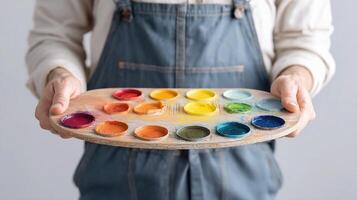 A man holding a paint palette with paint colors photo
