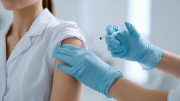 Nurse Administering Injection in Clinical Setting with White Backdrop photo