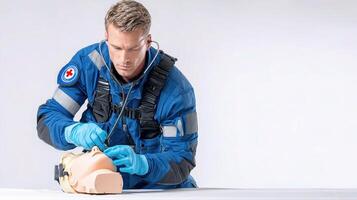 Paramedic Checking Vitals on Manikin Against White Background photo