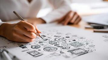 Professional Graphic Designer Sketching Icons on White Backdrop photo