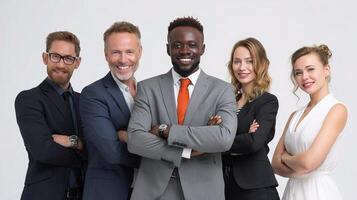 Group of Five Confident Professionals Posing Together in Studio photo