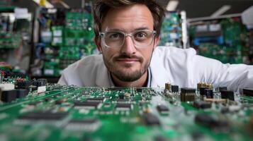 Electrical Engineer Analyzing Circuit Board in a Laboratory Setting photo