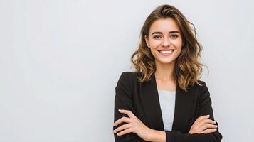 Confident Businesswoman Smiling in Smart Blazer Posing for Camera photo