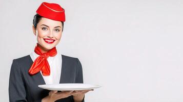 Flight Attendant Offering Meal Tray on White Backdrop Smiling photo