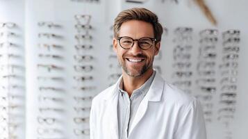 Professional Optometrist with Glasses in Optical Store Setting photo